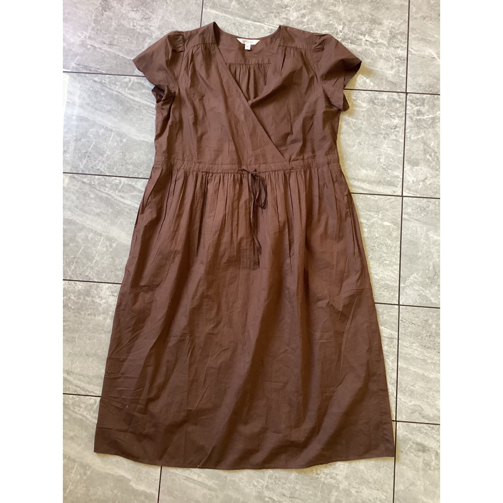 Garnet Hill Brown Cotton Wrap V-Neck Drawstring Waist Midi Dress Womens 14
